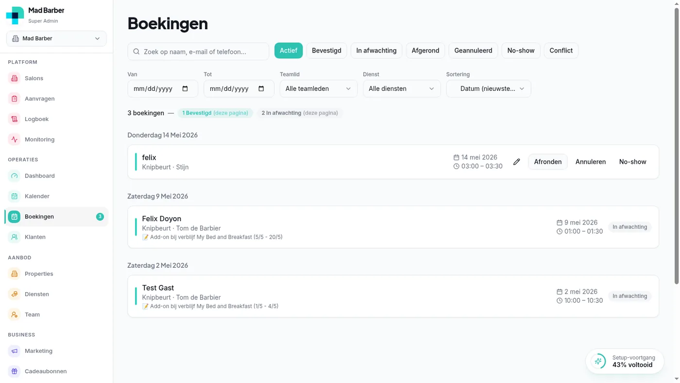Reserveringenlijst met filters en acties
