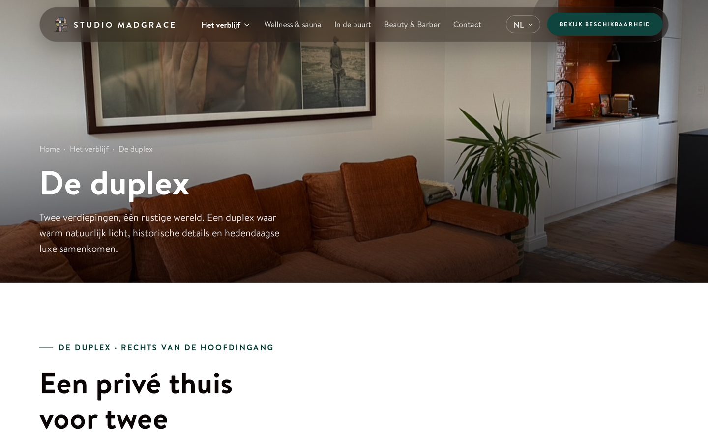 Studio MadGrace duplex verblijfspagina, een website gebouwd met Booka