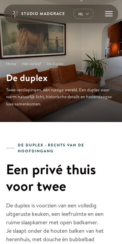 Studio MadGrace duplex verblijfspagina, een website gebouwd met Booka